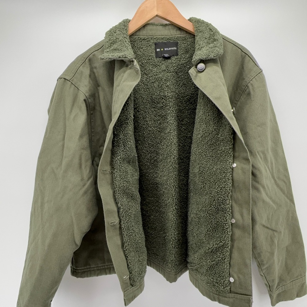 BP Wildfang Olive Green Faux Sherpa Collar Lined Button Front Jacket Chore NEW - Picture 4 of 14